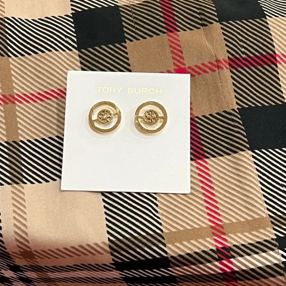 Tory Burch Gold Stud Earrings Elegant Circular Design - Picture 2 of 3